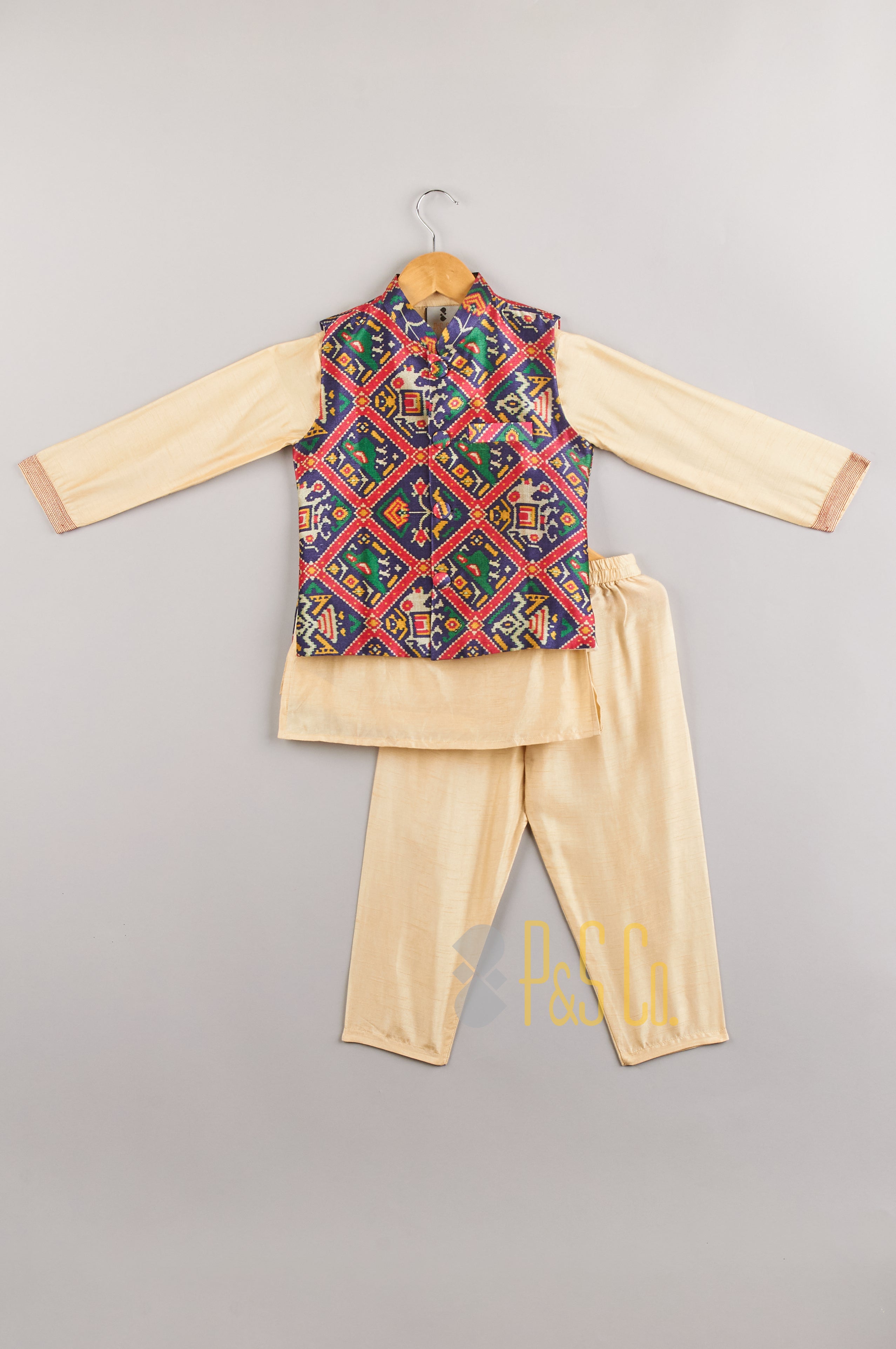 Navy patola jacket and beige kurta pants - P&S Company