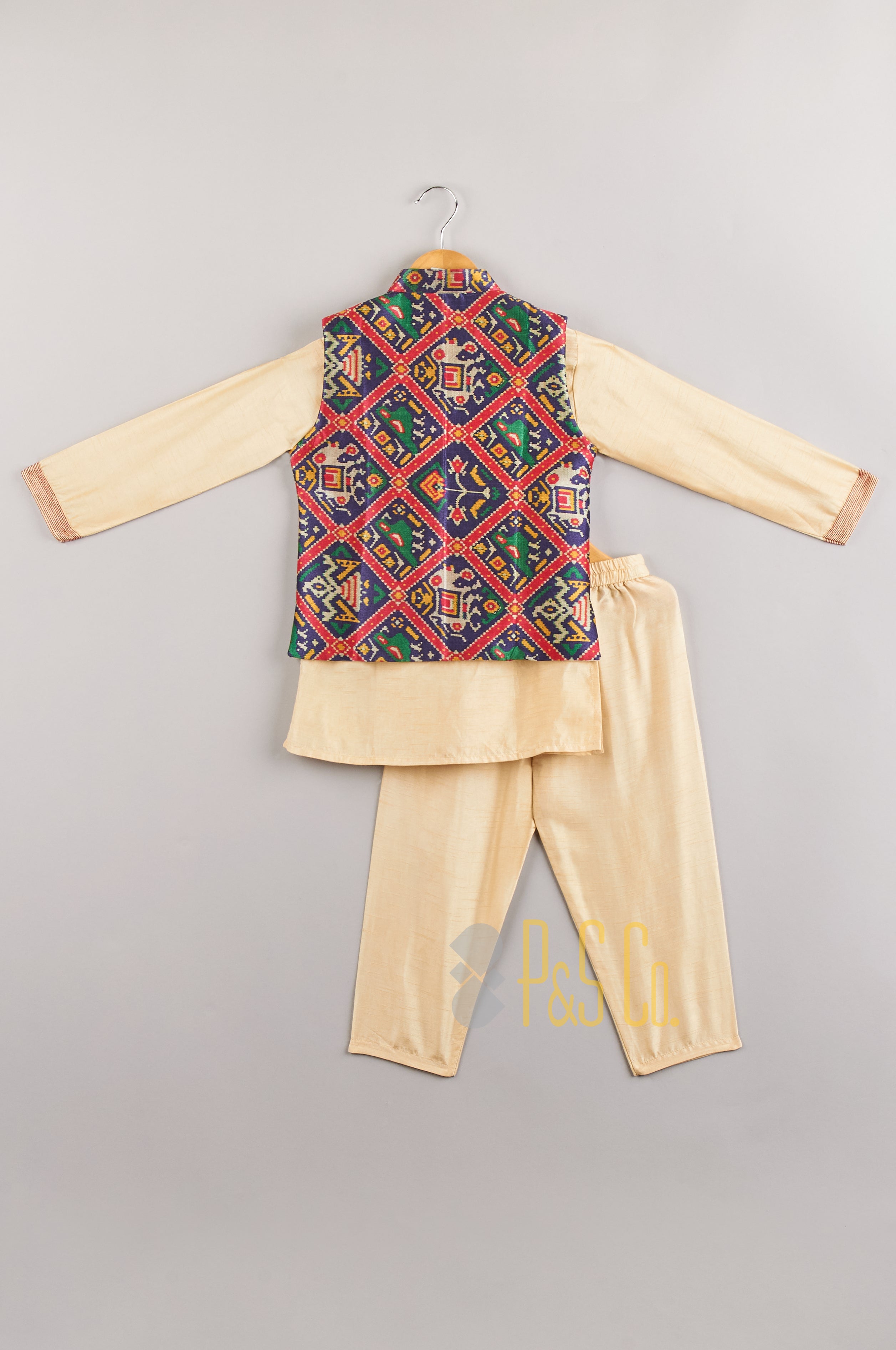 Navy patola jacket and beige kurta pants - P&S Company