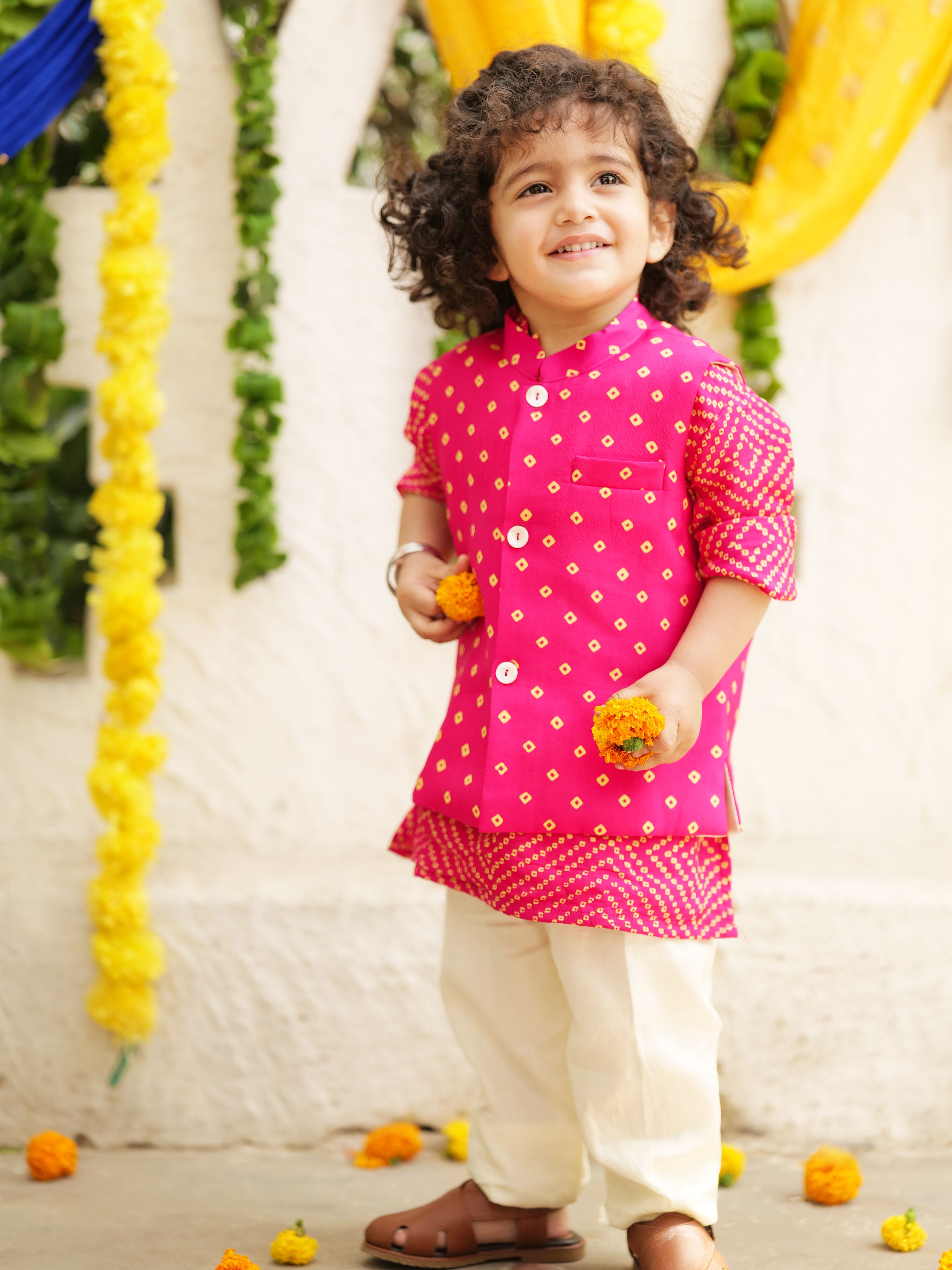 Pink Bandhani Printed Jacket And Kurta With Pyjama - P&S Company