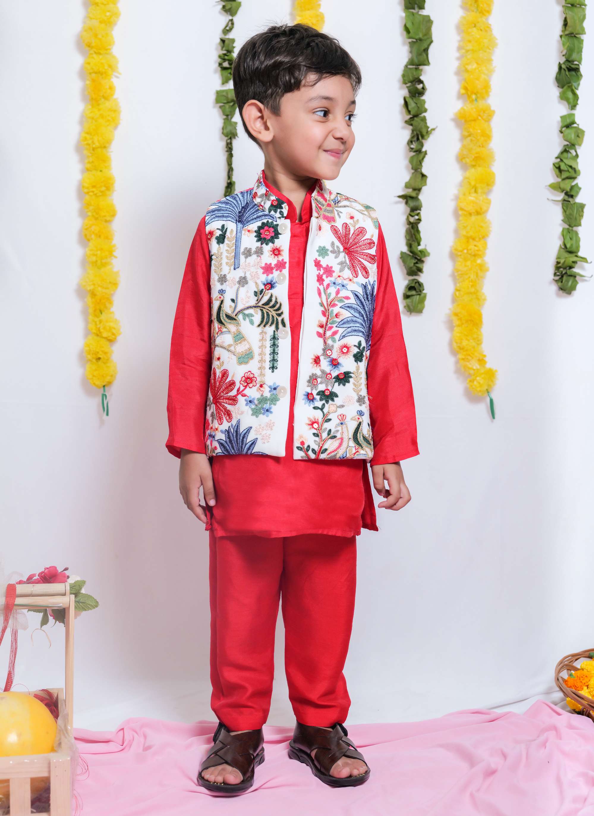 Multi Colour Floral Thread Work Jacket With Red Kurta And Pyjama - P&S Company