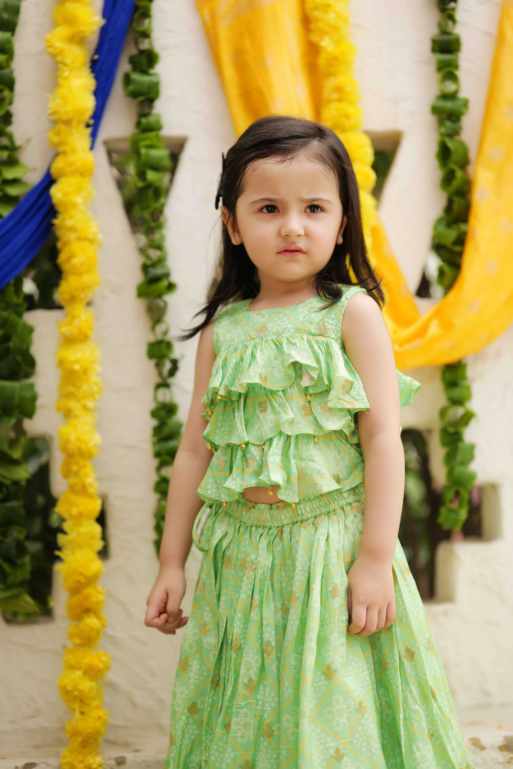 Bandhani Printed Frilly Layered Top With Lehenga - P&S Company