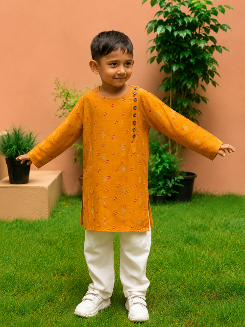 Mustard Bandhej Kurta Pj