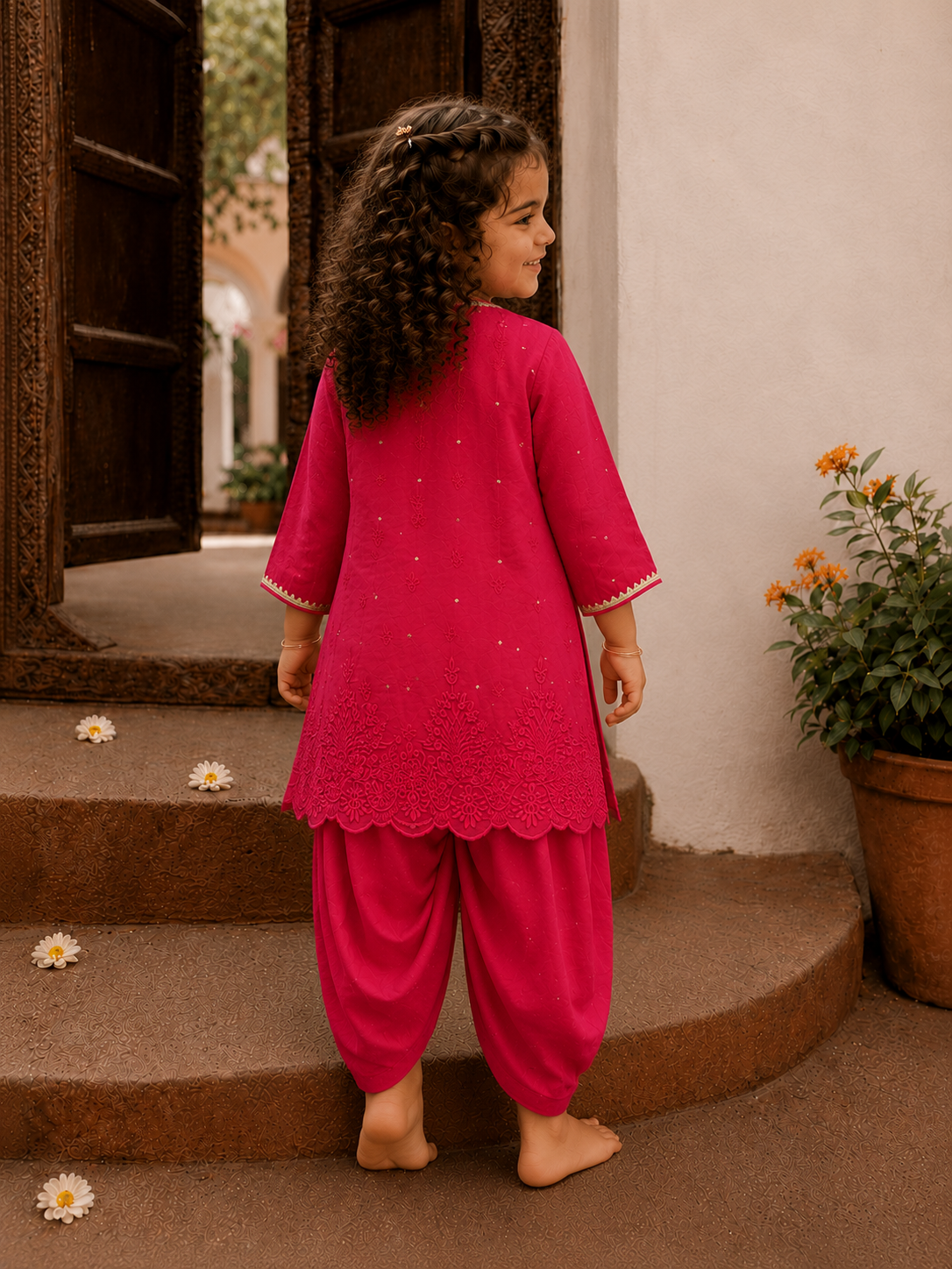 Red Lakhnavi Kurta and Cowl Pants