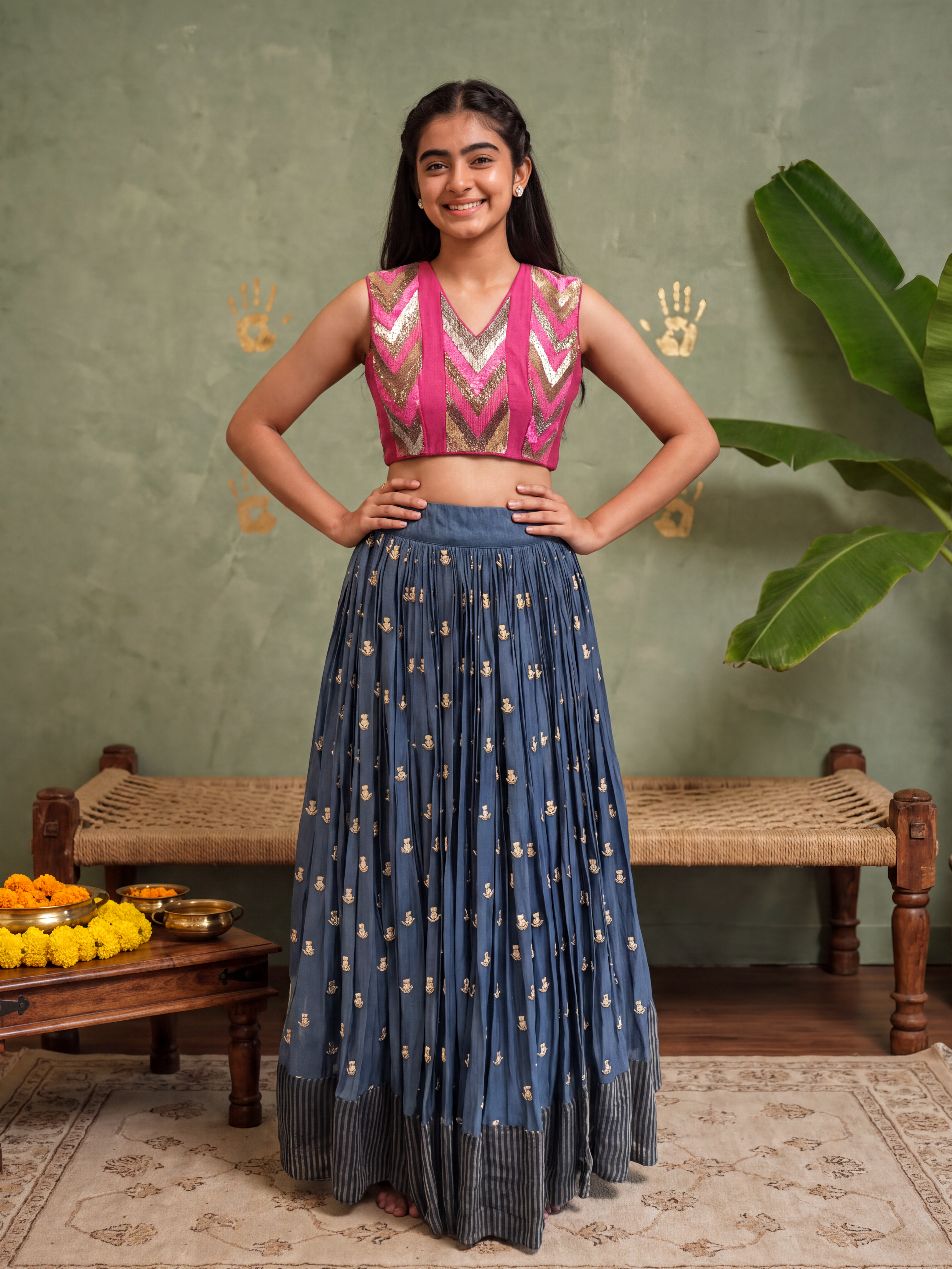 Pink Top and Blue Lahenga