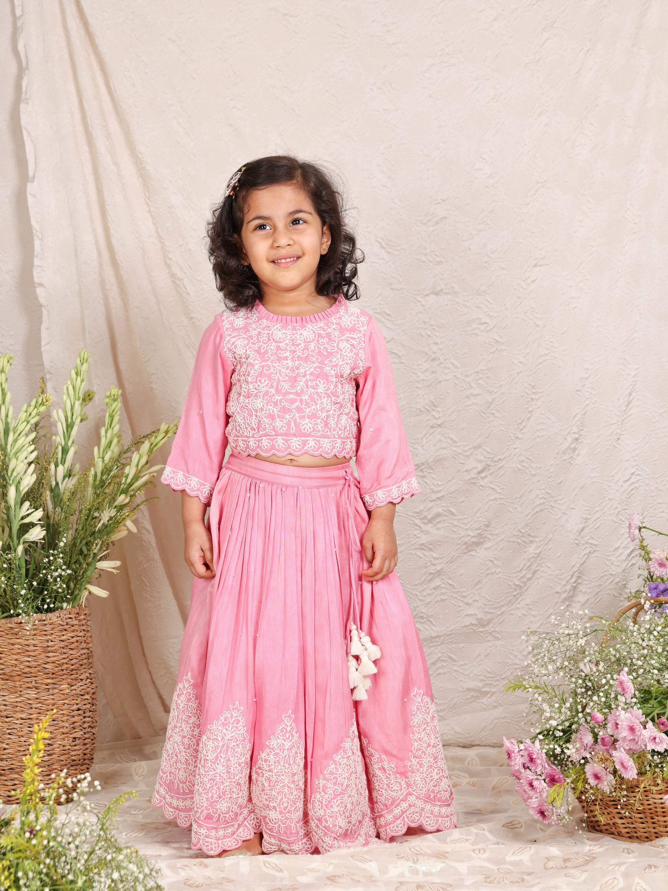 Thread Embroidered Pink Top And Pleated Lehenga
