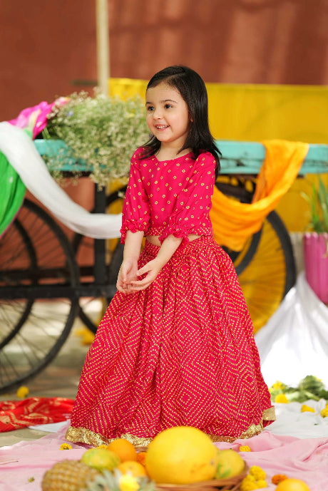 Pink Bandhani Printed Top and Lehenga