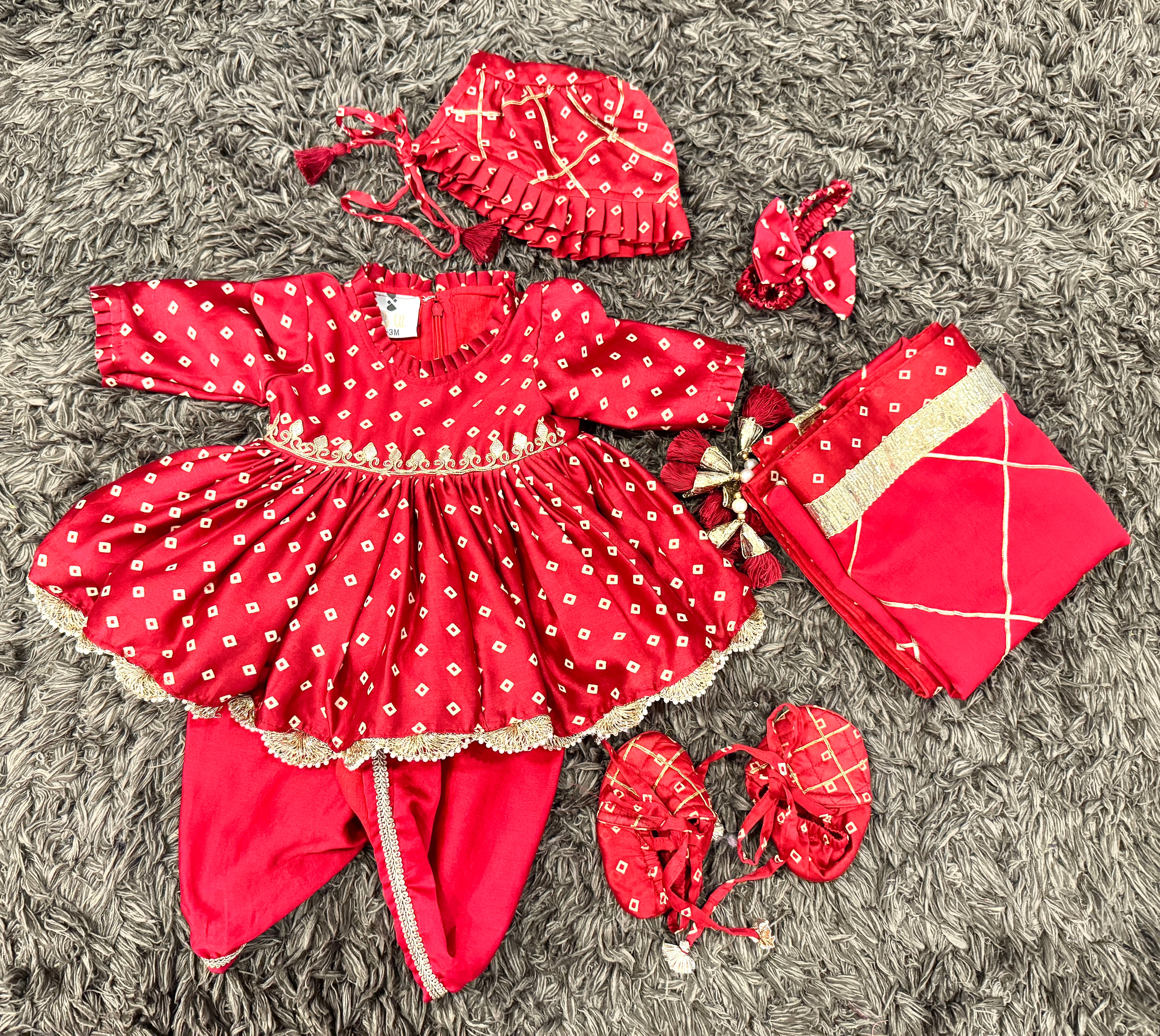 Baby Girl Red Bandhej Jamna Set