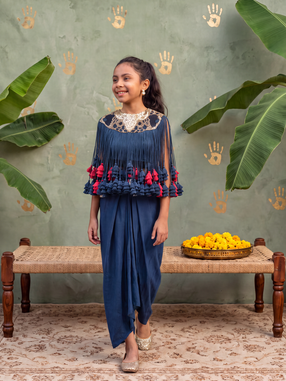 Blue Tassels Top and Drape Skirt