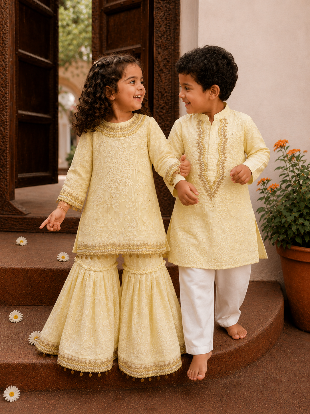 Baby Yellow Lakhnavi Kurta Set
