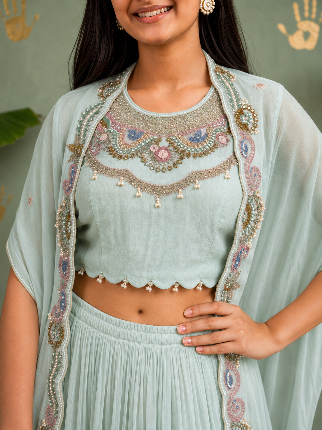 Mint lehenga Blouse and Cape