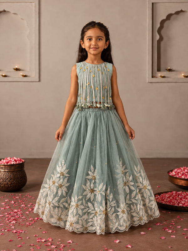Mint Tassels Appliqué Lehenga