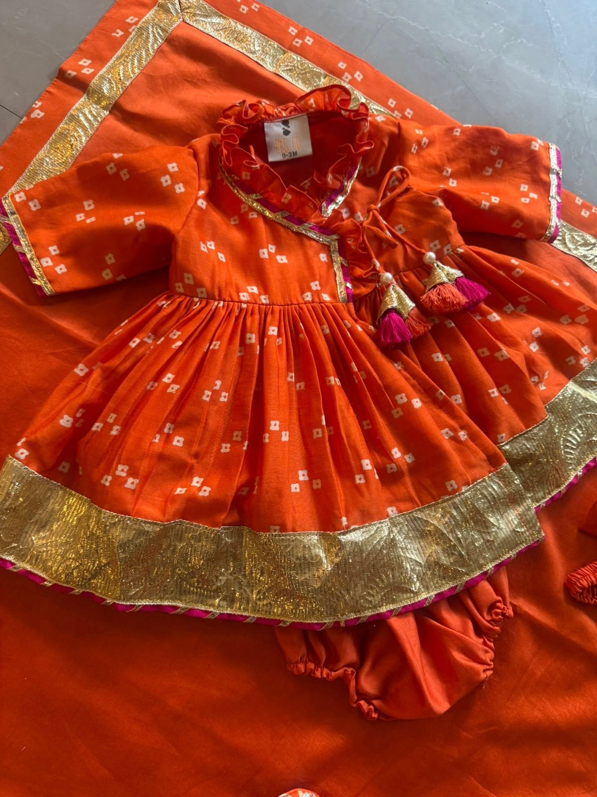 Orange Bandhej Girls Jamna Dress