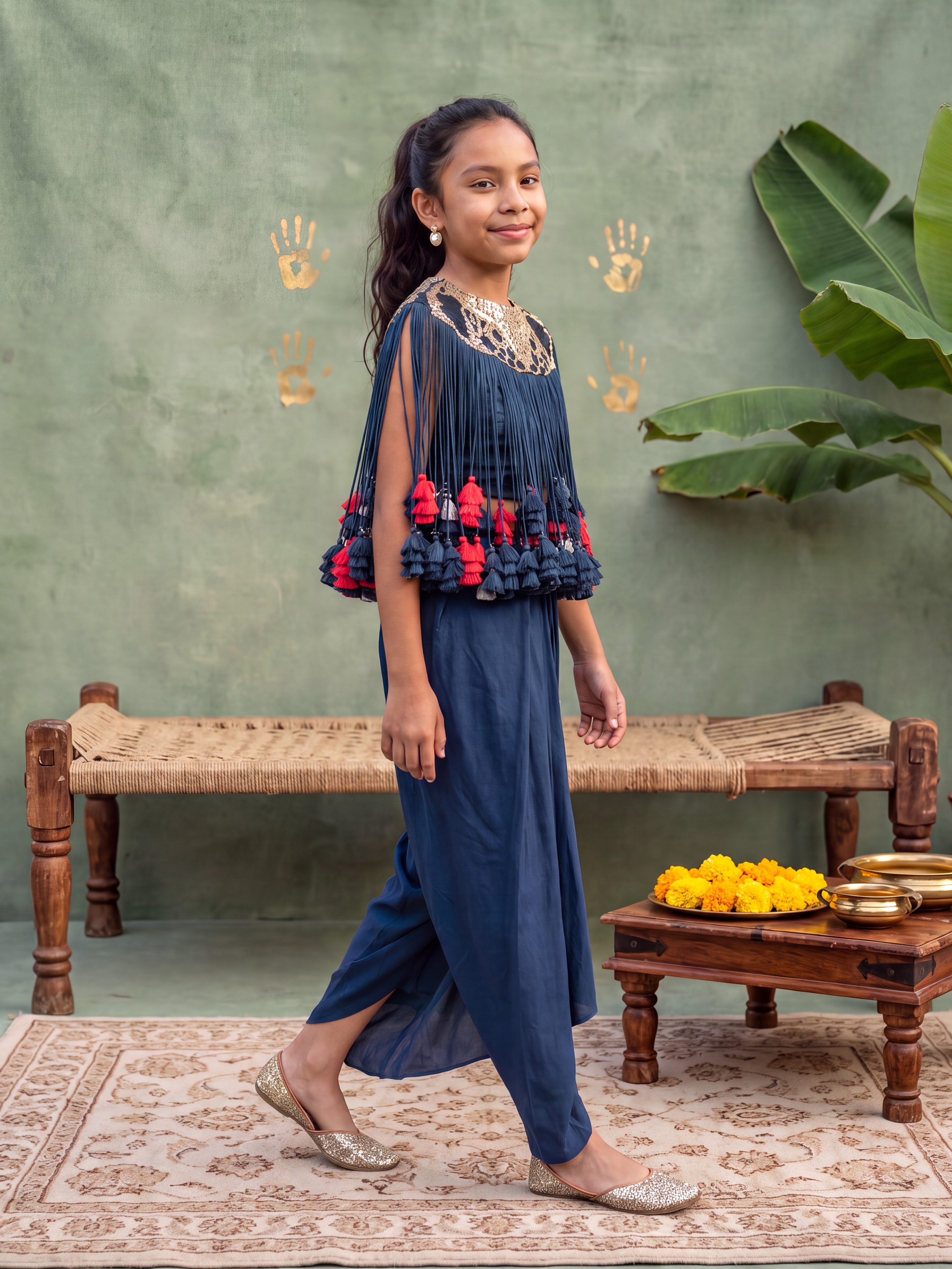 Blue Tassels Top and Drape Skirt
