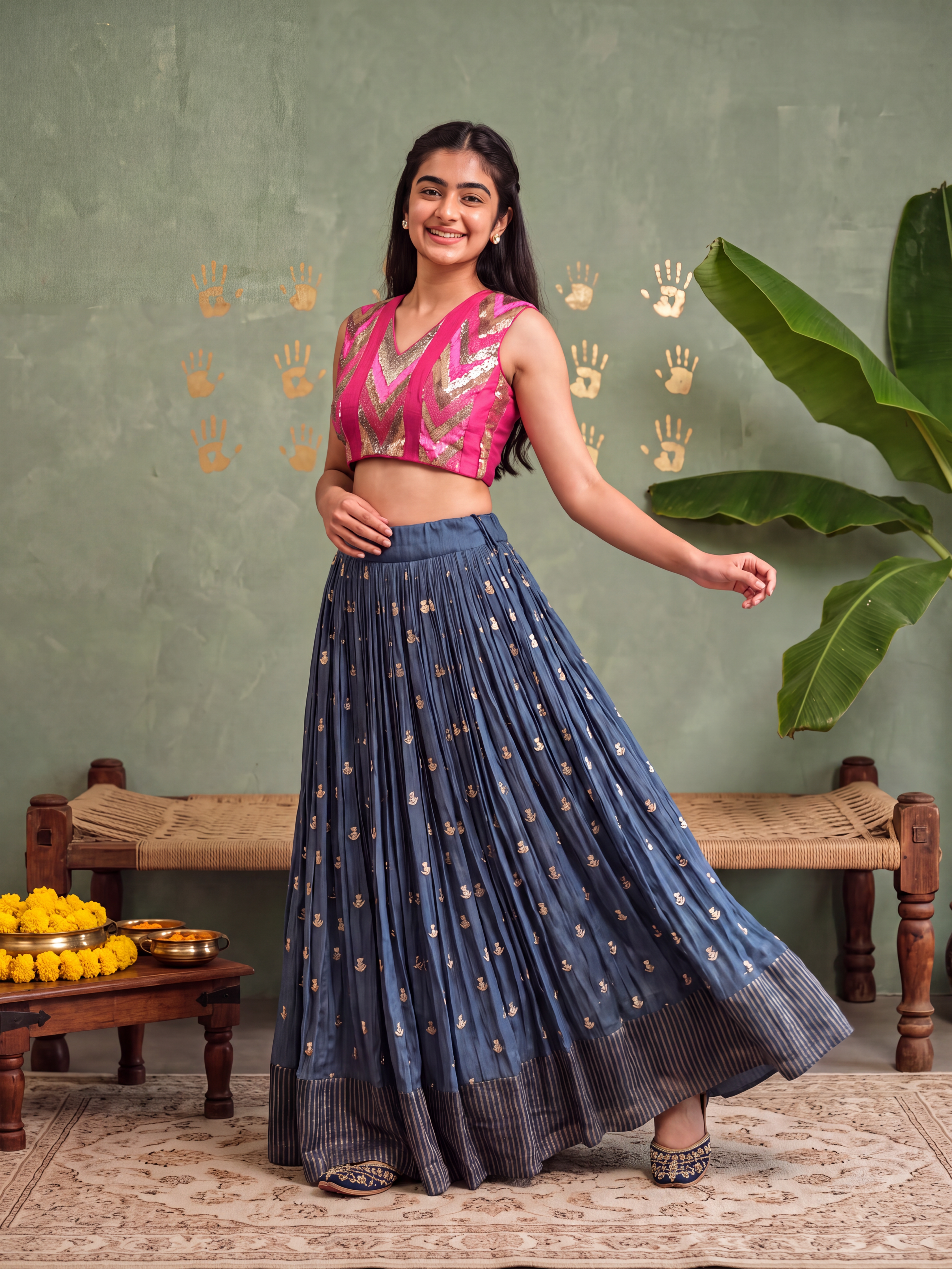 Pink Top and Blue Lahenga