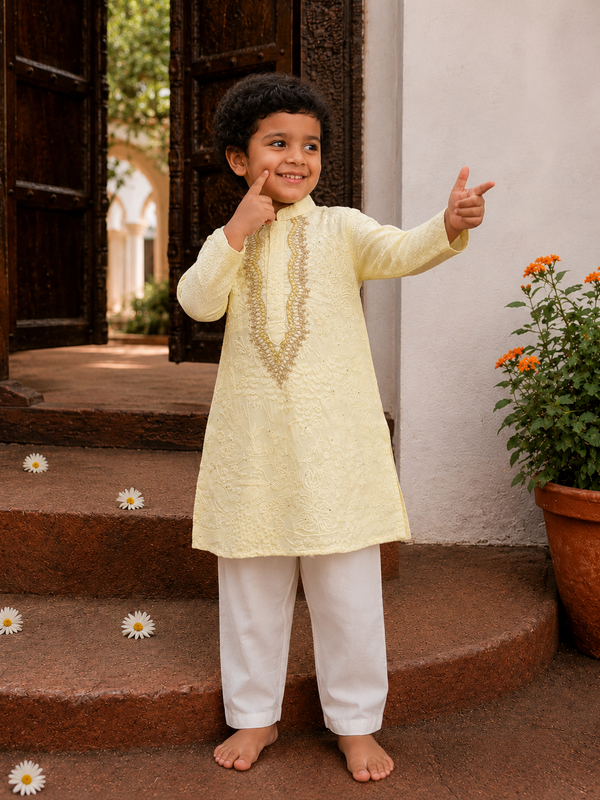 Baby Yellow Lakhnavi Kurta Pj