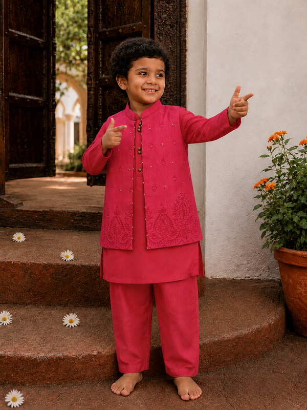 Red Lakhnavi Nehru Jacket Set