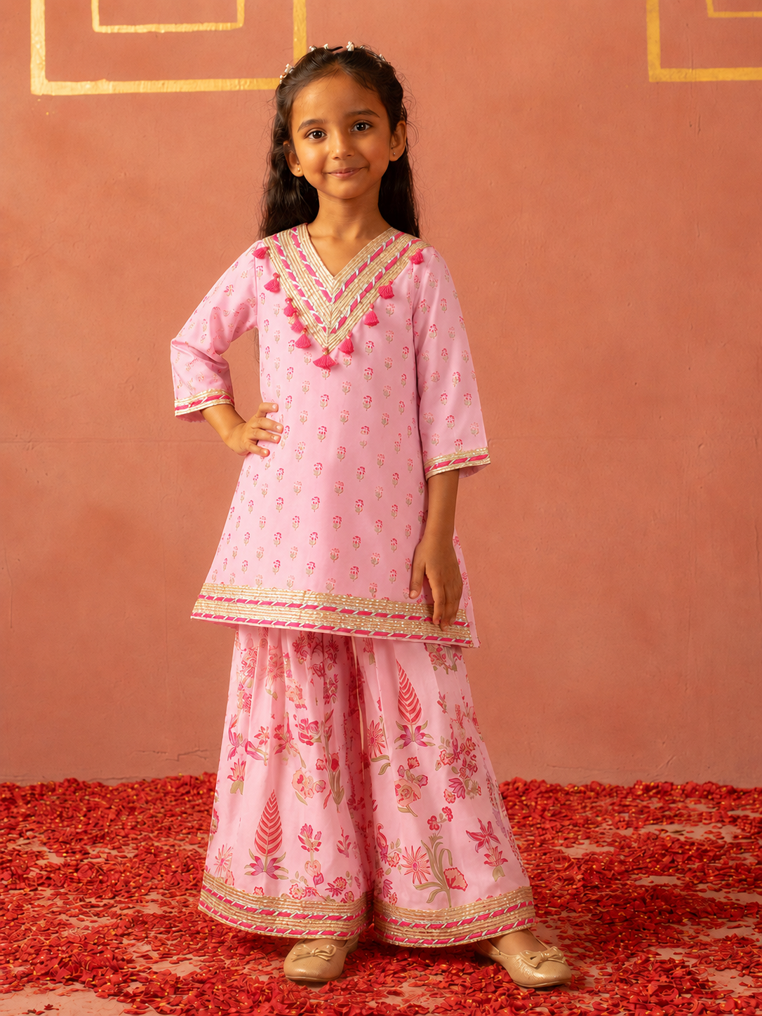 Pink printed kurta and flared pants
