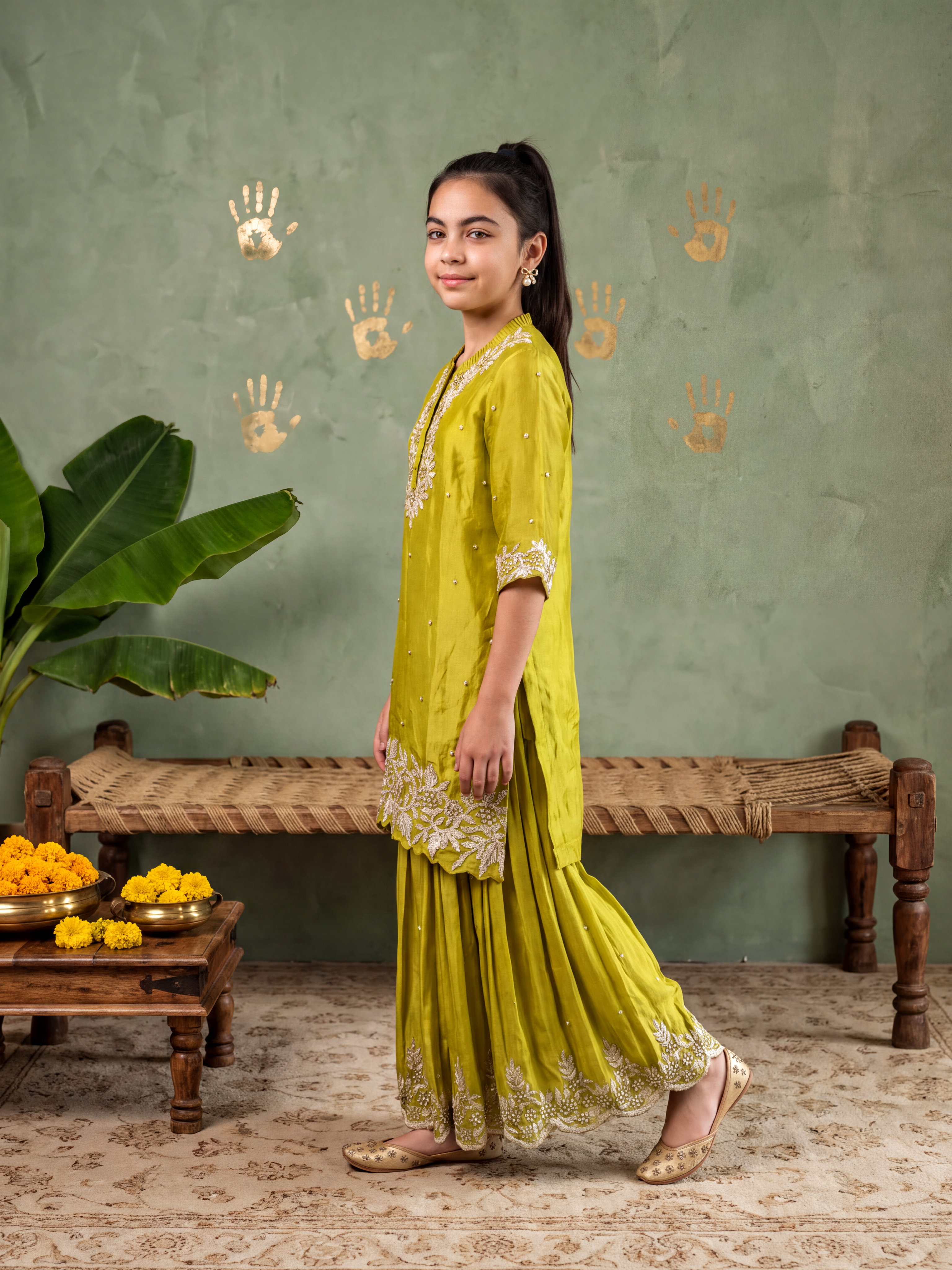 Lime Green Gota kurta and Flared Pants