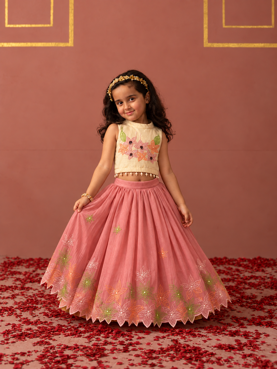 Cream and Pink Threadwork Lehenga