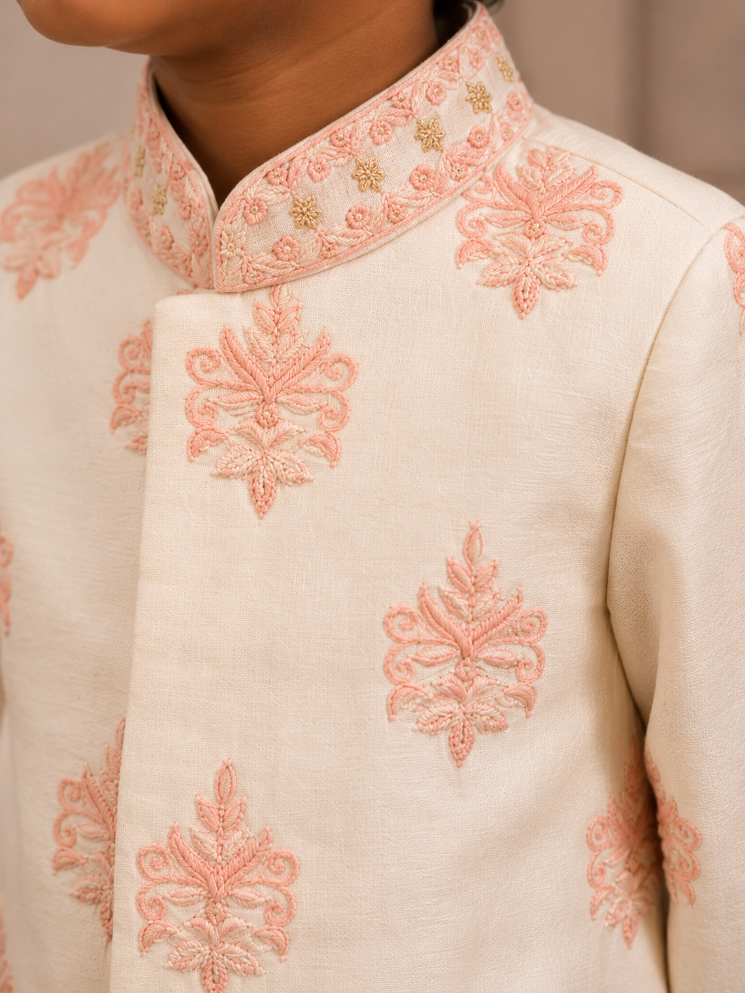 Cream and Pink Thread work Sherwani