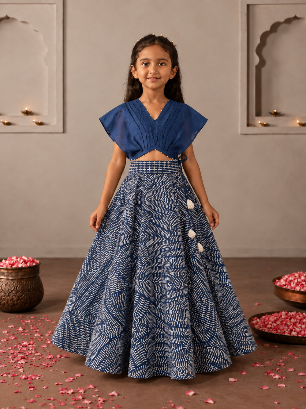 Blue Organza Blouse and Silver Zari Lehenga