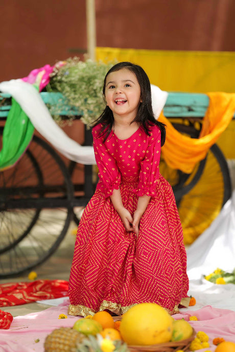 Pink Bandhani Printed Top and Lehenga