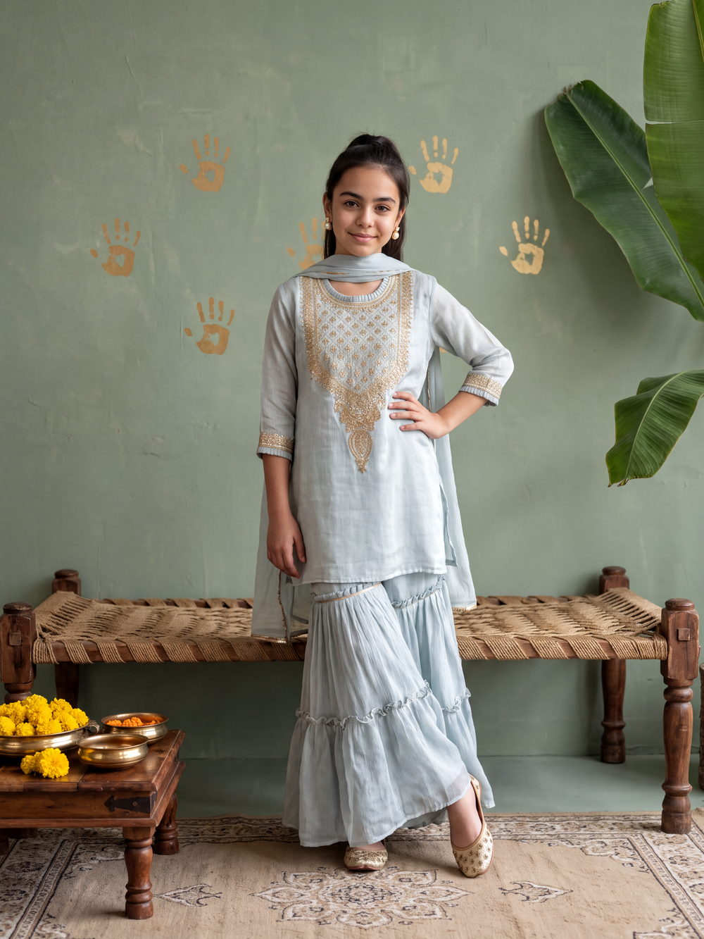 Blue Embellished Kurta and Sharara & Dupatta