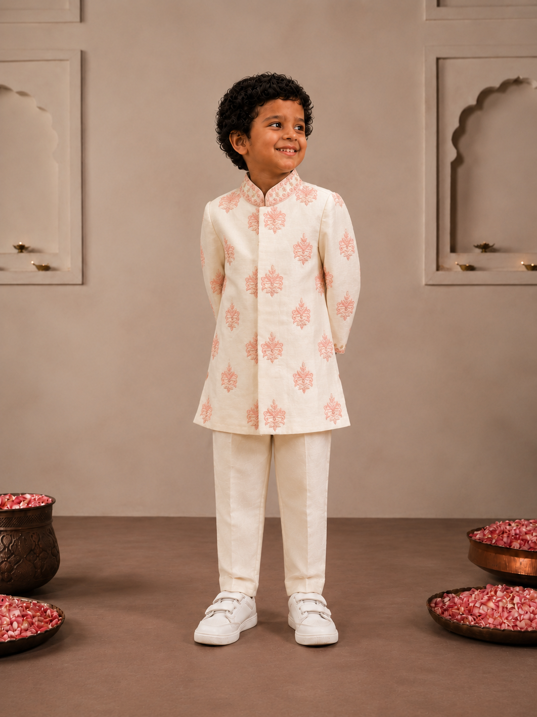 Cream and Pink Thread work Sherwani
