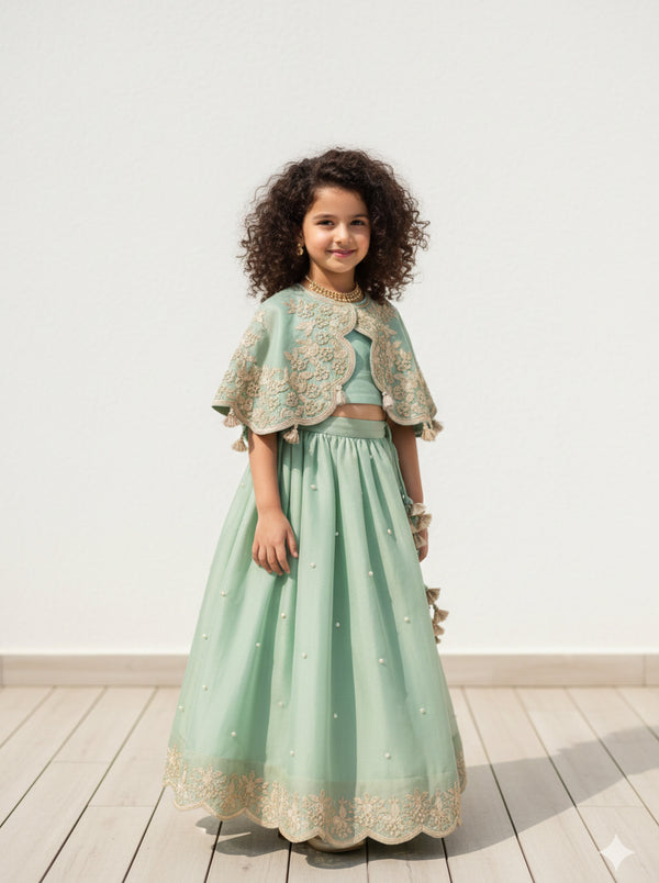 Sea Green Gota Moti Embroidery Poncho & Ghagara HYD STORE