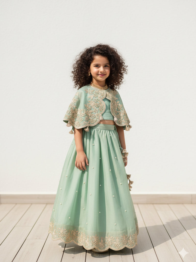 Sea Green Gota Moti Embroidery Poncho & Ghagara HYD STORE