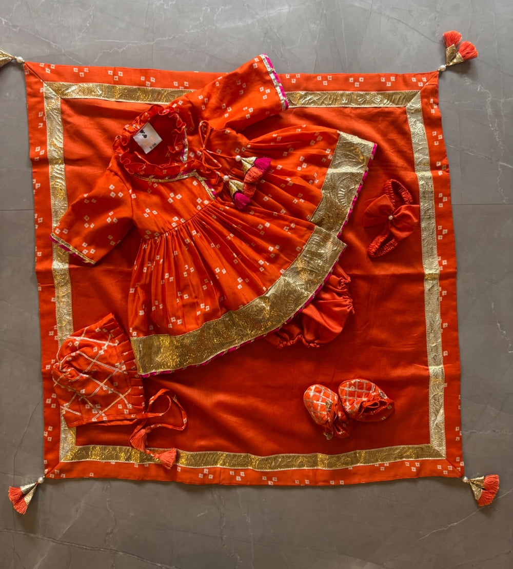 Orange Bandhej Girls Jamna Dress
