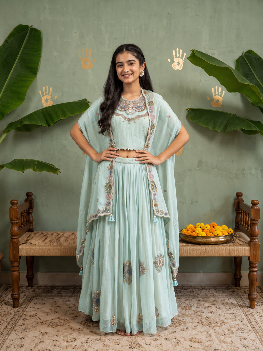 Mint lehenga Blouse and Cape