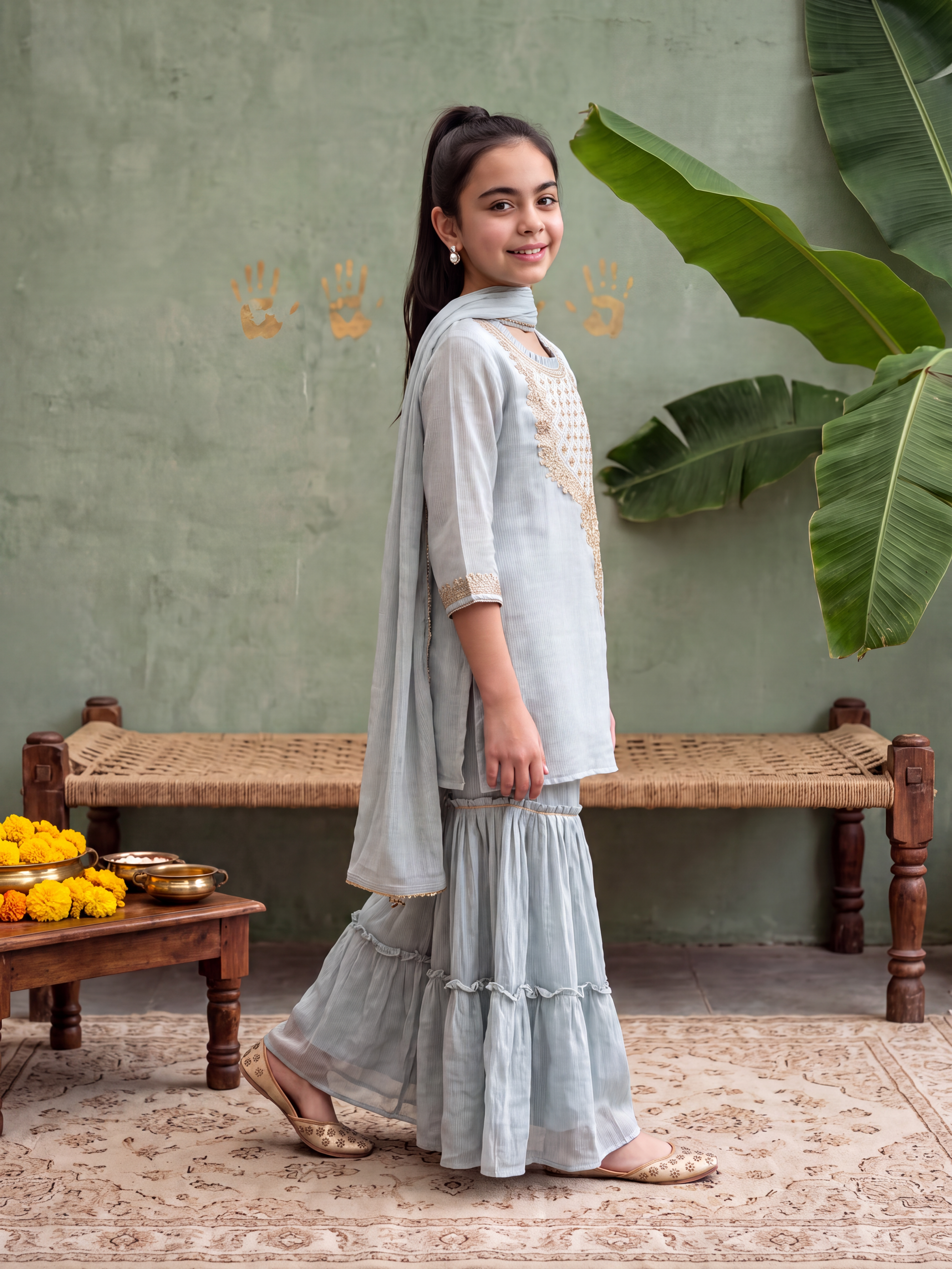 Blue Embellished Kurta and Sharara & Dupatta