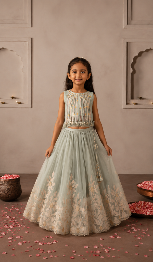 Mint Tassels Appliqué Lehenga