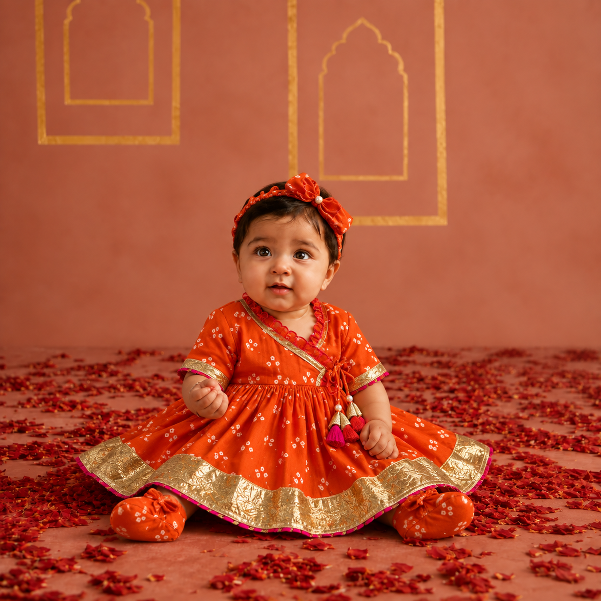 Orange Bandhej Girls Jamna Dress