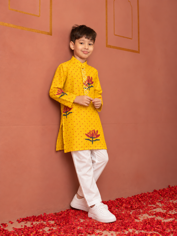Yellow Gota lotus Kurta Pj