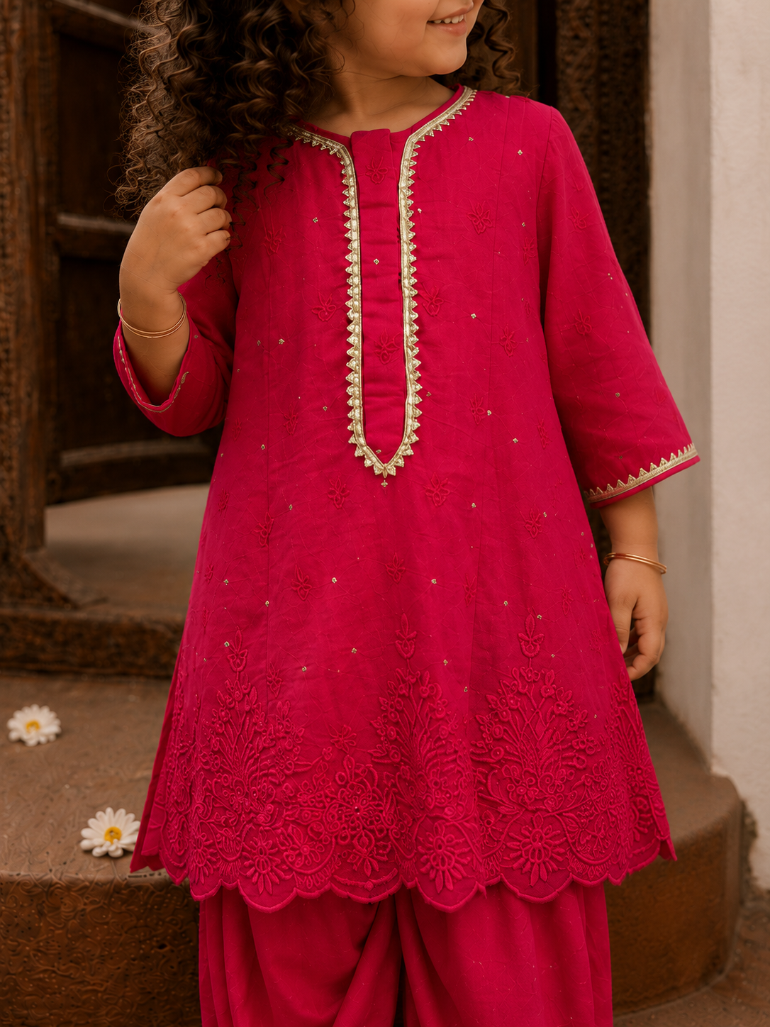 Red Lakhnavi Kurta and Cowl Pants