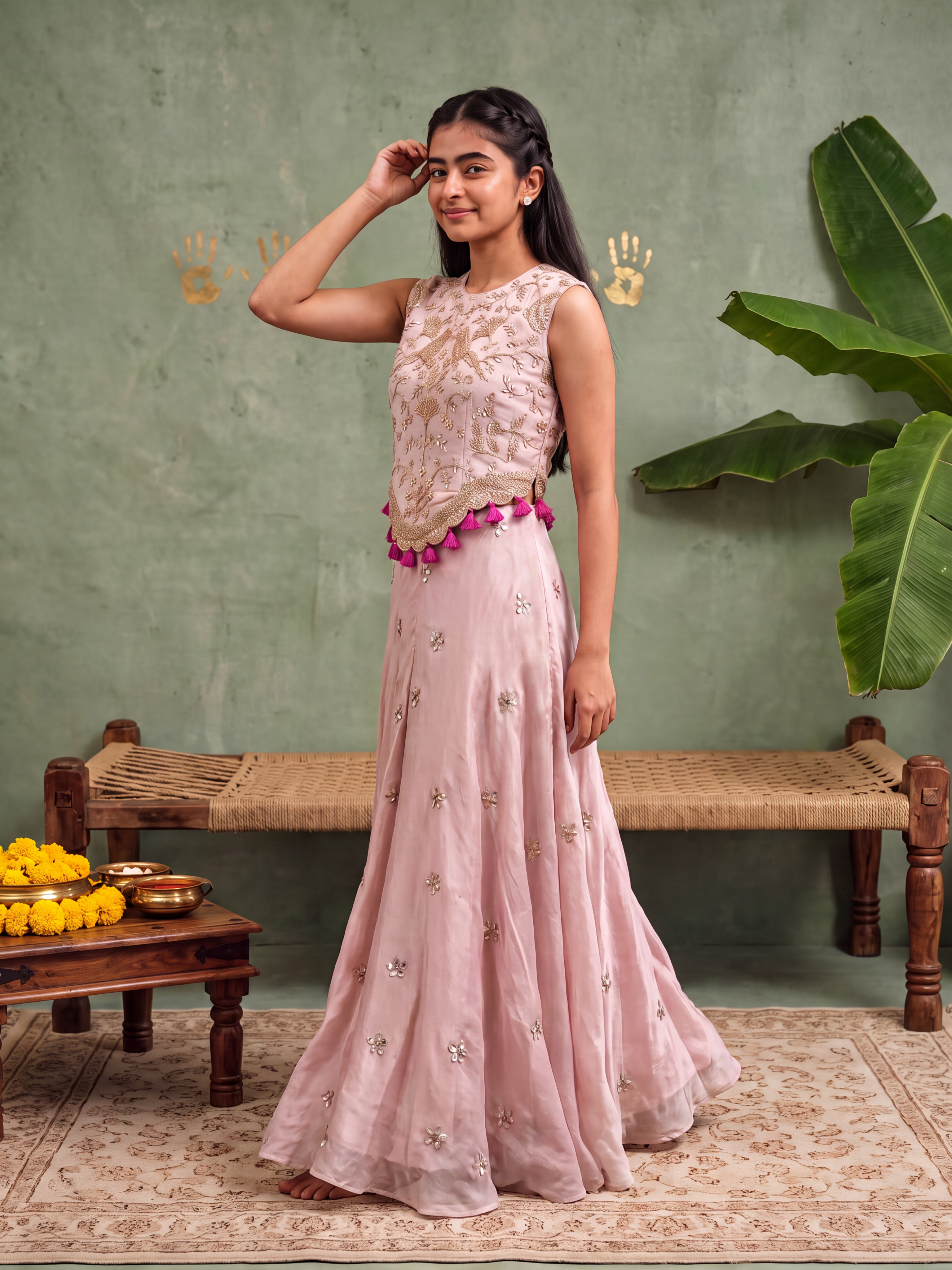 Pink Gota Embellished Top and Pants