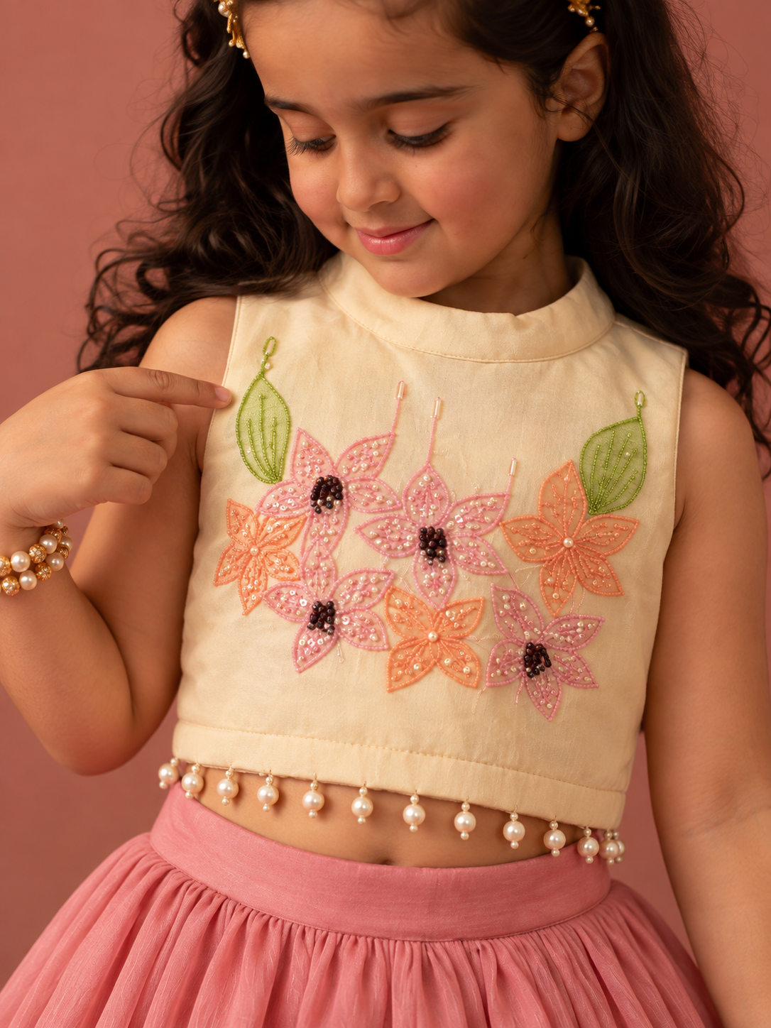 Cream and Pink Threadwork Lehenga