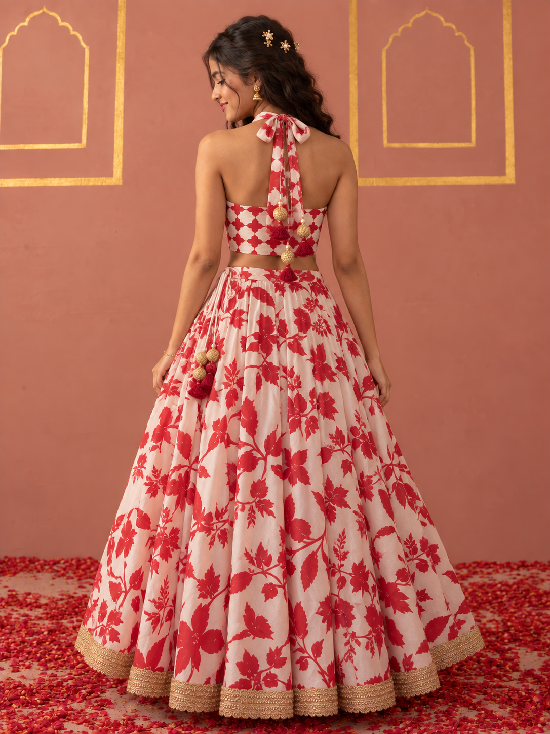 Teen Red Floral halter Top and Ghaghra