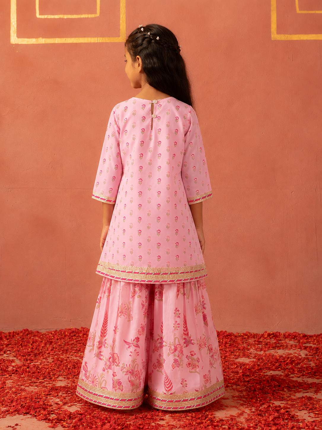 Pink printed kurta and flared pants