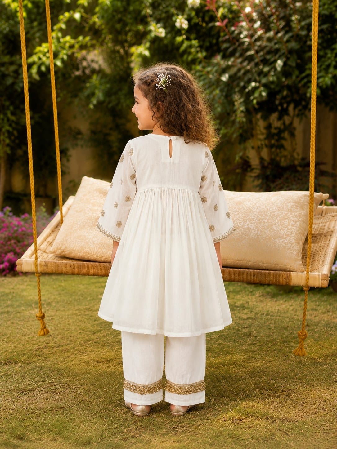 White embroidered peplum kurta pants and potli