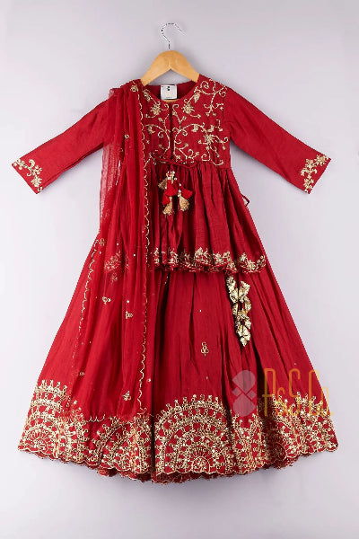 Maroon Silk Embroidered Peplum Top & Lehenga Set