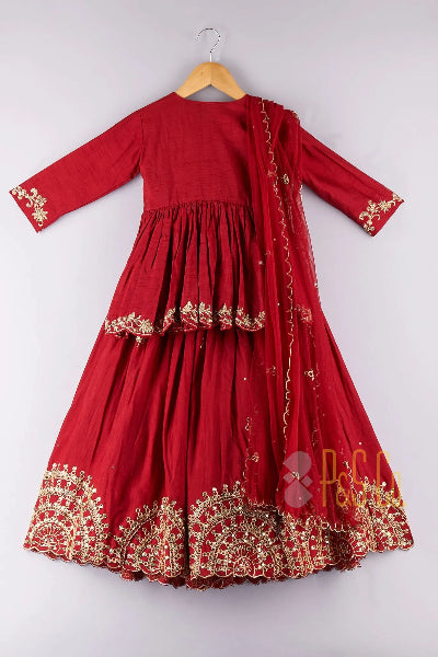 Maroon Silk Embroidered Peplum Top & Lehenga Set