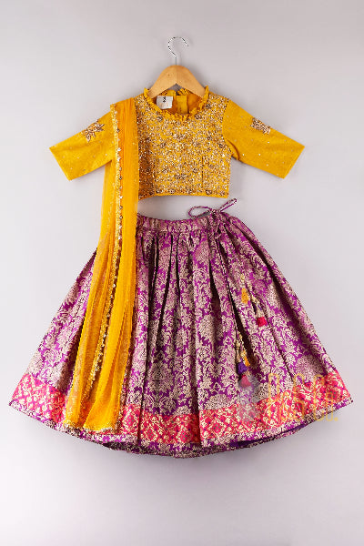 Zari And Sequin Floral Work Top With Brocade Printed Lehenga And Dupatta