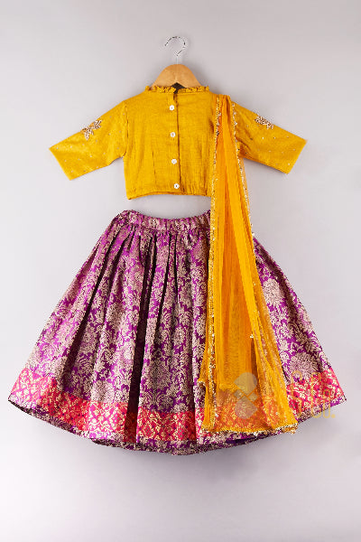 Zari And Sequin Floral Work Top With Brocade Printed Lehenga And Dupatta