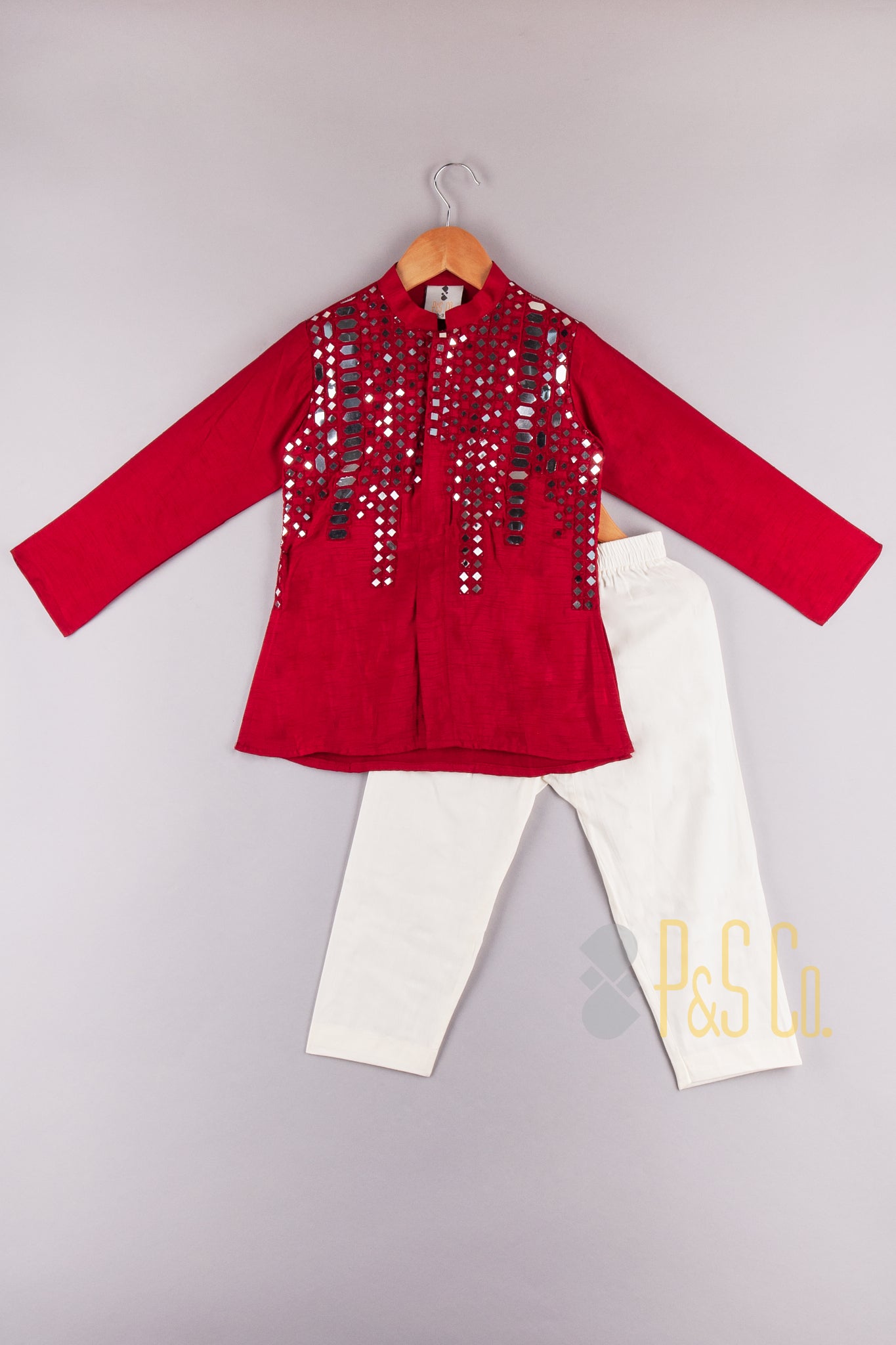 Red Mirror Kurta With Off White Pajama - P&S Company