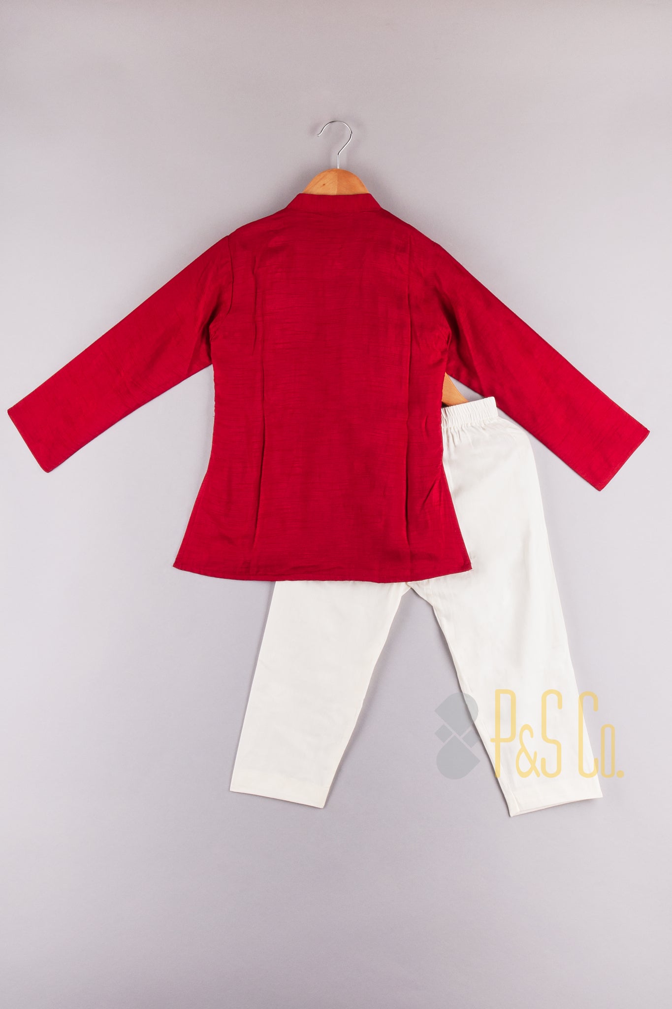 Red Mirror Kurta With Off White Pajama - P&S Company