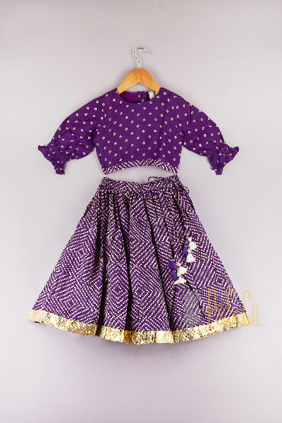 Bandhani Printed Purple Balloon Sleeve Blouse with Ghaghra