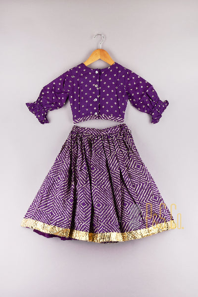 Bandhani Printed Purple Balloon Sleeve Blouse with Ghaghra